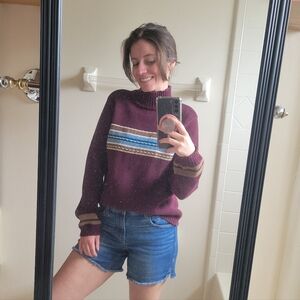 Liz Claiborne Burgundy and Blue Striped Turtleneck Sweater